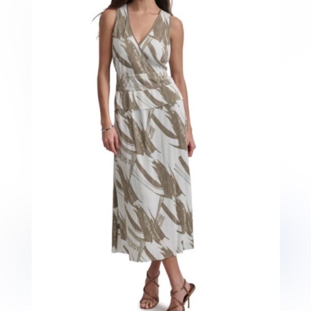 DKNY khaki green and white Plissé Printed Surplice-Neck Dress size small NWT